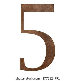 Brown leather number five with yellow stitch, isolated on white background, vector illustration