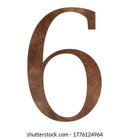Brown leather number six with yellow stitch, isolated on white background, vector illustration