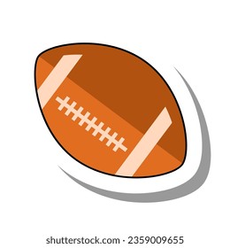 Icono de pegatina de papel plano de pelota ovalada de cuero marrón. Equipamiento deportivo para deportes activos y fortalecimiento corporal o juego de fútbol americano y rugby aislado de fondo blanco. Concepto de herramientas deportivas