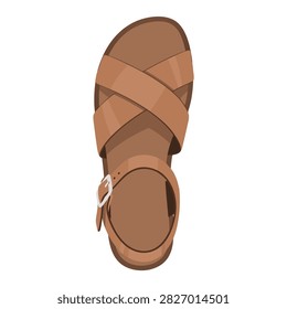 Brown leather sandal viewed from top on white background.