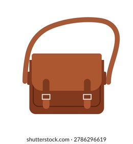 brown leather satchel bag with straps. flat style vector illustration
