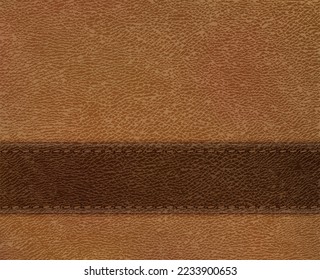 Brown leather stripe on beige leather background - eps10. Realistic vector illustration. Vintage styled label backdrop.