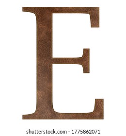 Brown leather textured letter E with yellow stitch, leather alphabet, vector illustration