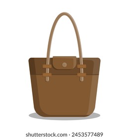 Brown Leather Tote Bag Vector Illustration, Stylish Women's Handbag Icon