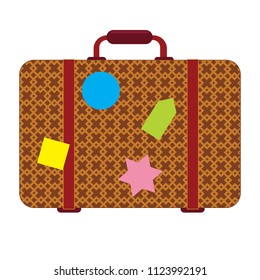 Brown leather vector suitcase with traveler's stickers isolated on white background