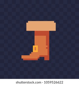Brown leather vintage pirate boots pixel art icon Design for stickers, shoe store logo, mobile app. Game assets 8-bit sprite. Isolated vector illustration.