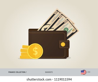 Brown leather wallet with 10 US Dollar Banknote and coins. Flat style vector illustration. Business concept.