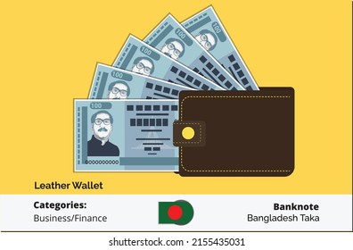 Brown leather wallet with 100 One hundred taka Bangladesh banknotes.