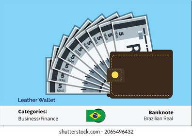 Brown leather wallet with 5 Brazilian Real banknotes. Brazil currency, business, payment and finance element. Can be used for web, mobile, infographic, and print. EPS 10 Vector.