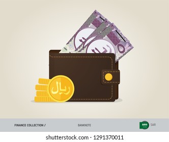 Brown leather wallet with 5 Saudi Arabia Riyal and coins. Flat style vector illustration. Business concept.