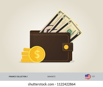 Brown leather wallet with 5 US Dollar Banknote and coins. Flat style vector illustration. Business concept.