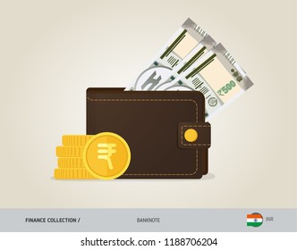 Brown leather wallet with 500 Indian Rupee Banknote and coins. Flat style vector illustration. Business concept.