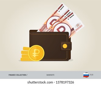 Brown leather wallet with 5000 Russian Ruble banknote and coins. Flat style vector illustration. Business concept.