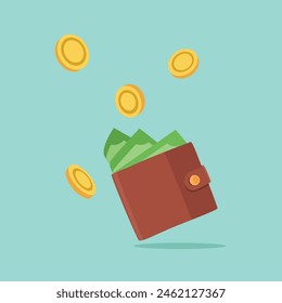 Brown leather wallet with dollar banknotes and golden coins. Wallet with cash paper money. Online payment concept. Money vector icon