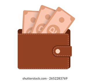 Carteira de couro marrom preenchida com notas rublo russo vermelho e uma moeda rublo, vetor de estilo plano para economia, moeda, banco e design financeiro global