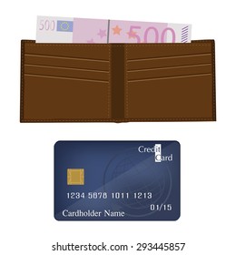 Brown leather wallet with five hundred euro and credit card. Open wallet. Wallet icon. Wallet money