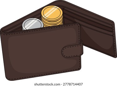 Brown leather wallet with flap and stitching details, partially open showing stacked gold and silver coins, symbolizing money, finance, savings, wealth, and personal economy themes