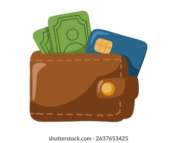 Brown leather wallet with money and credit card. Cartoon vector isolated illustration on white background