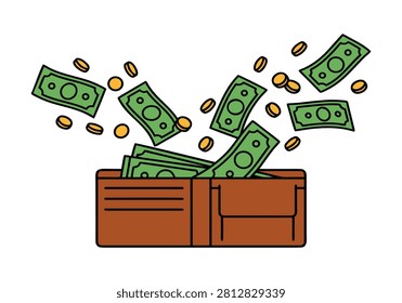 A brown leather wallet overflowing with green paper banknotes and gold coins flying in the air against a white background.