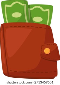 Una cartera de cuero marrón se muestra con dos billetes verdes asomando desde la parte superior, lo que indica contenido financiero.