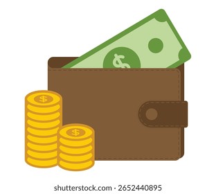 Brieftasche aus braunem Leder mit einem Stapel grüner Dollarnoten und Goldmünzen, flache Vektorgrafik auf festem Hintergrund, perfekt für Finanz-, Banken- und Währungsumtauschdesigns