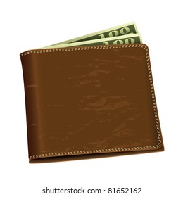 Brown leather wallet with two hundred dollar bank notes