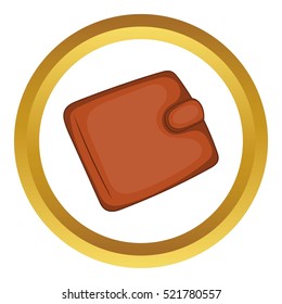 Brown leather wallet vector icon in golden circle, cartoon style isolated on white background