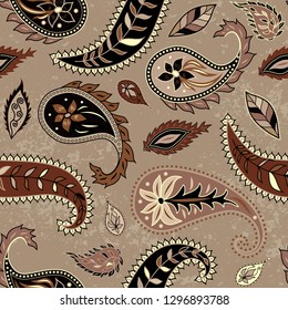 Brown leaves background. with a grunge effect. Seamless pattern in indian style. Texture of fabric.