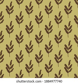 Brown leaves branches seamless doodle pattern in simple style. Light olive green background. Vector illustration for seasonal textile prints, fabric, banners, backdrops and wallpapers.