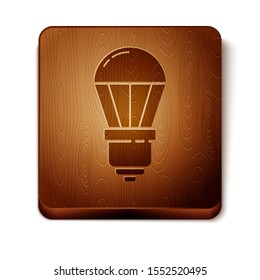 Brown LED light bulb icon isolated on white background. Economical LED illuminated lightbulb. Save energy lamp. Wooden square button. Vector Illustration