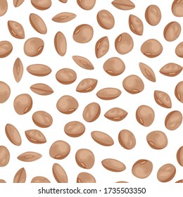 Brown Lentils On White Background. Seamless Pattern With Legumes. Vector Illustration Of Healthy Food In Cartoon Flat Style.