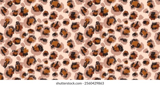 Brown leopard-inspired pattern with abstract spots on a light beige background. Bold, modern design animal print perfect for fashion, textiles, digital art, and artistic creative branding projects.