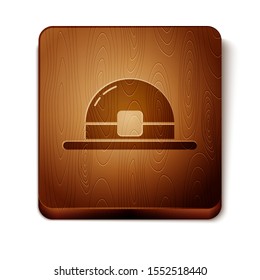 Brown Leprechaun hat icon isolated on white background. Happy Saint Patricks day. Wooden square button. Vector Illustration