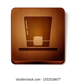 Brown Leprechaun hat icon isolated on white background. Happy Saint Patricks day. Wooden square button. Vector Illustration