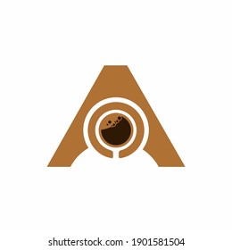 Brown A letter with coffee shape inside logo vector template