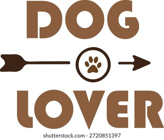 Letras marrones para amantes de los perros con icono de pata y gráfico de flecha. 
