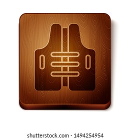 Brown Life jacket icon isolated on white background. Life vest icon. Extreme sport. Sport equipment. Wooden square button. Vector Illustration