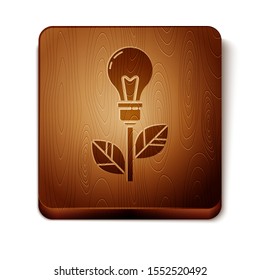 Brown Light bulb with leaf icon isolated on white background. Eco energy concept. Alternative energy concept. Wooden square button. Vector Illustration