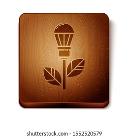 Brown Light bulb with leaf icon isolated on white background. Eco energy concept. Alternative energy concept. Wooden square button. Vector Illustration