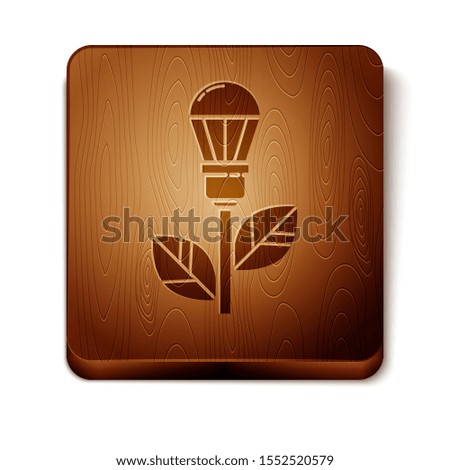 Brown Light bulb with leaf icon isolated on white background. Eco energy concept. Alternative energy concept. Wooden square button. Vector Illustration