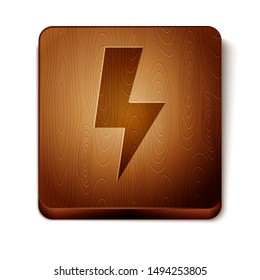 Brown Lightning bolt icon isolated on white background. Flash sign. Charge flash icon. Thunder bolt. Lighting strike. Wooden square button. Vector Illustration