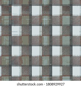 Brown, lime, light grey tones artistic plaid check seamless patten vector . Modern vintage effect fabric texture print design for carpet, rug, flooring, suit,  digital or weaving pattern