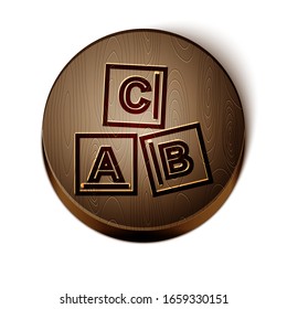 Brown line ABC blocks icon isolated on white background. Alphabet cubes with letters A,B,C. Wooden circle button. Vector Illustration