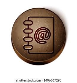 Brown line Address book icon isolated on white background. Notebook, address, contact, directory, phone, telephone book icon. Wooden circle button. Vector Illustration