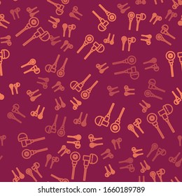 Brown line Air headphones icon icon isolated seamless pattern on red background. Holder wireless in case earphones garniture electronic gadget.  Vector Illustration