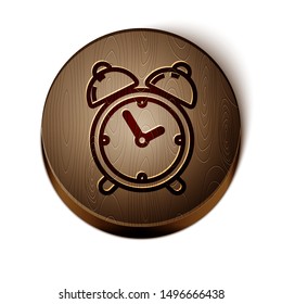 Brown line Alarm clock icon isolated on white background. Wake up, get up concept. Time sign. Wooden circle button. Vector Illustration