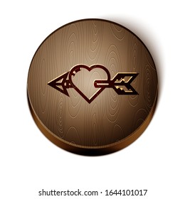 Brown line Amour symbol with heart and arrow icon isolated on white background. Love sign. Valentines symbol. Wooden circle button. Vector Illustration