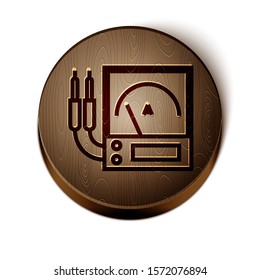 Brown line Ampere meter, multimeter, voltmeter icon isolated on white background. Instruments for measurement of electric current. Wooden circle button. Vector Illustration