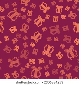 Brown line Ancient Greek lyre icon isolated seamless pattern on red background. Classical music instrument, orhestra string acoustic element.  Vector