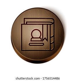 Brown line Ancient magic book with alchemy recipes and mystic spells and enchantments icon isolated on white background. Wooden circle button. Vector Illustration